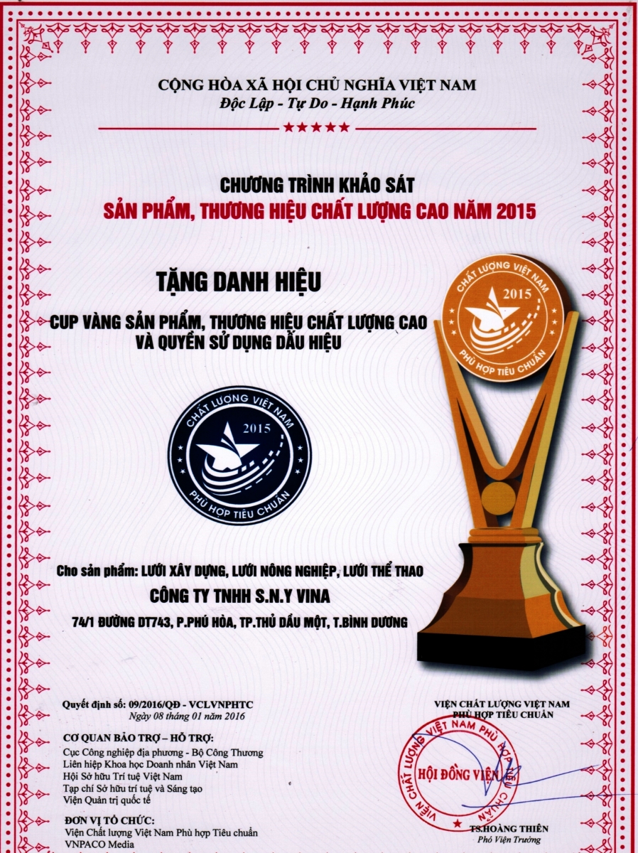 Cúp vàng sản phẩm chất lượng cao năm 2015